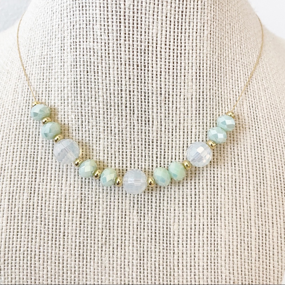Dainty green milky crystal bead necklace gold plated beads